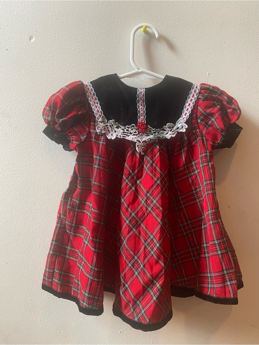 Y2K Red Plaid Girls' Holiday Dress with Lace Trim